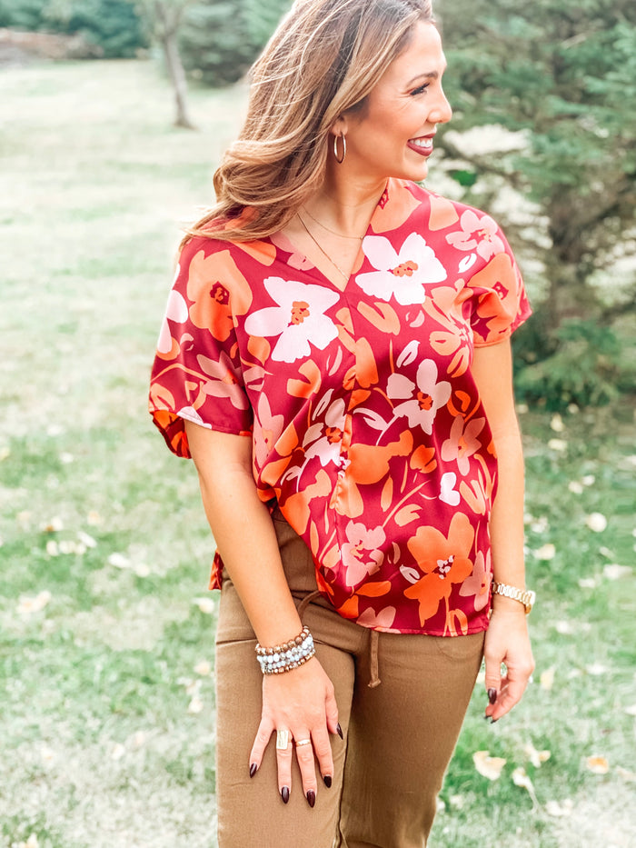 Maroon Flower Time V-Neck