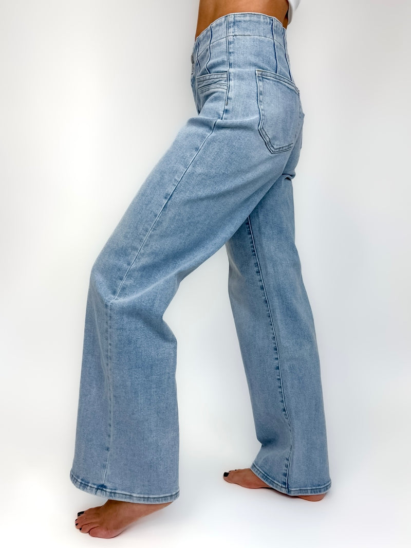 Mica High Rise Wide Leg Double Pocket Jeans- Light Wash