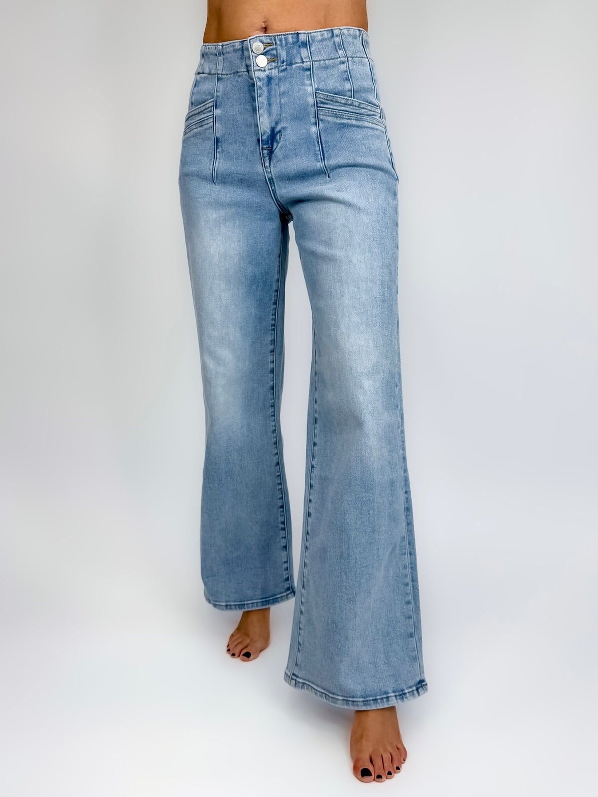 Mica High Rise Wide Leg Double Pocket Jeans- Light Wash