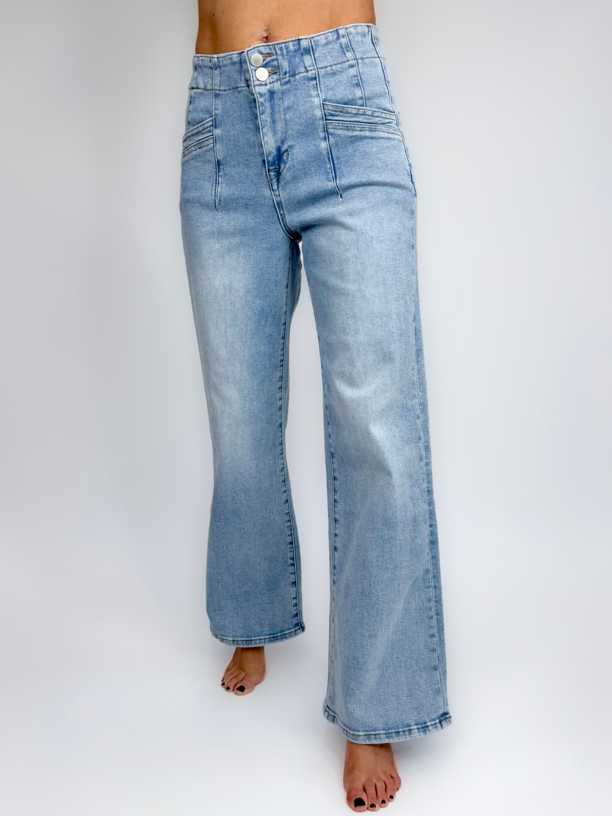 Mica High Rise Wide Leg Double Pocket Jeans- Light Wash