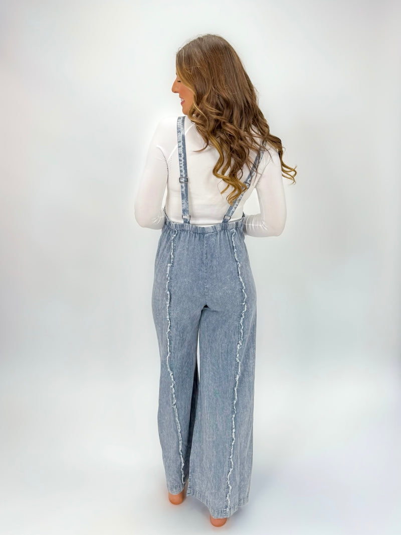 Ruffle-Trimmed Stonewash Pinstripe Jumpsuit