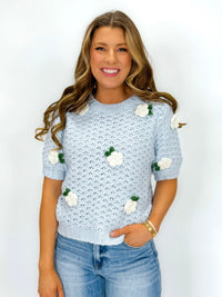 Light Blue Bloom Puff Sleeve Knit Top