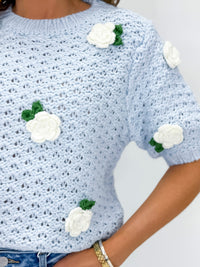 Light Blue Bloom Puff Sleeve Knit Top