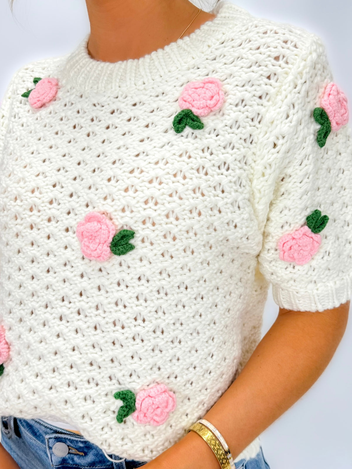 Rosette Puff Sleeve Knit Top- Ivory