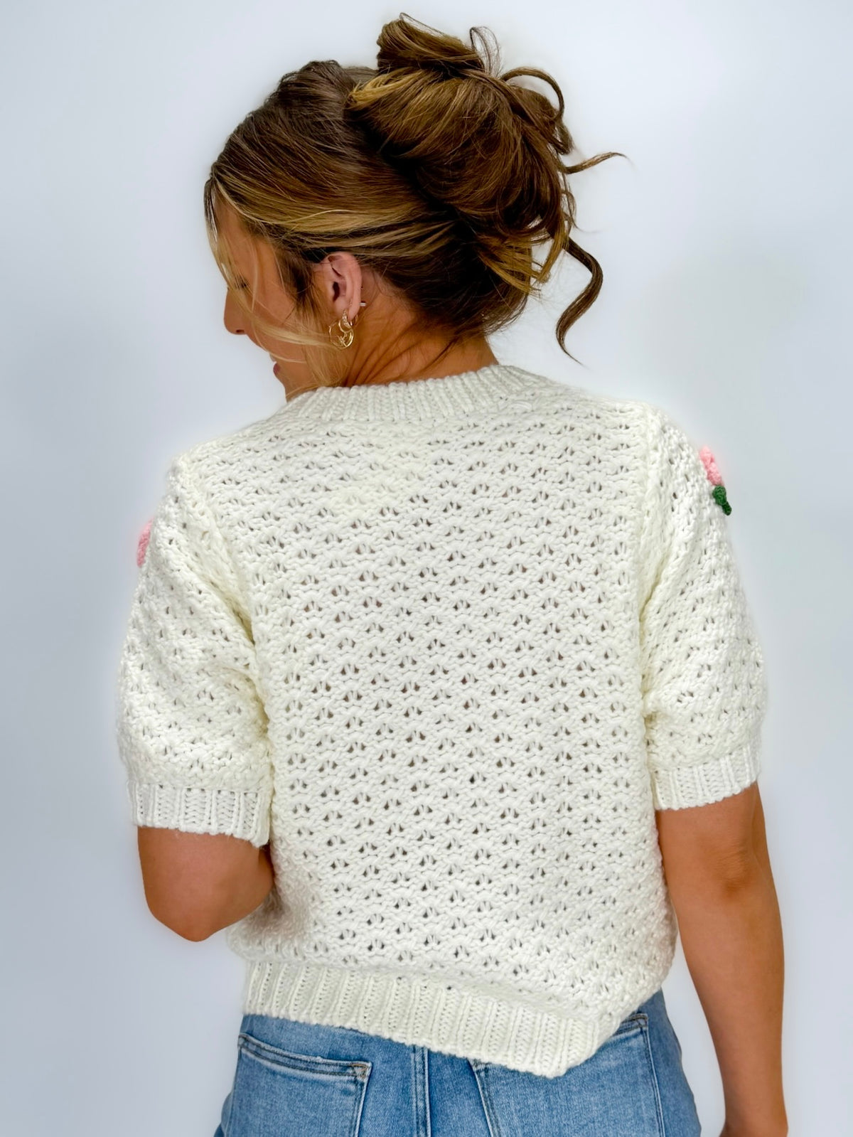 Rosette Puff Sleeve Knit Top- Ivory