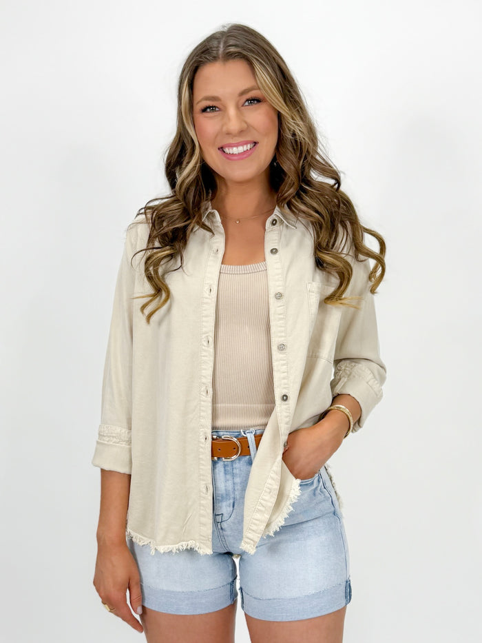 Sunwashed Frayed Button-Down Blouse