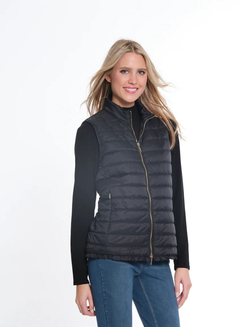 Zip Through Collar Quilted Vest With Ruffle Hem-Black