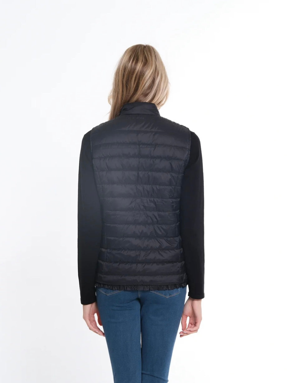 Zip Through Collar Quilted Vest With Ruffle Hem-Black