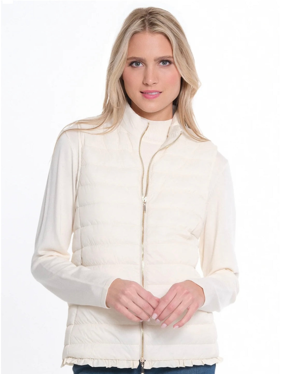 Zip Through Collar Quilted Vest With Ruffle Hem-White