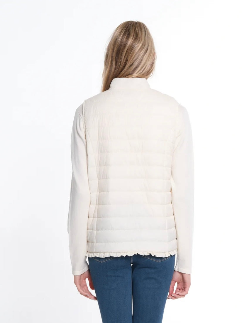 Zip Through Collar Quilted Vest With Ruffle Hem-White