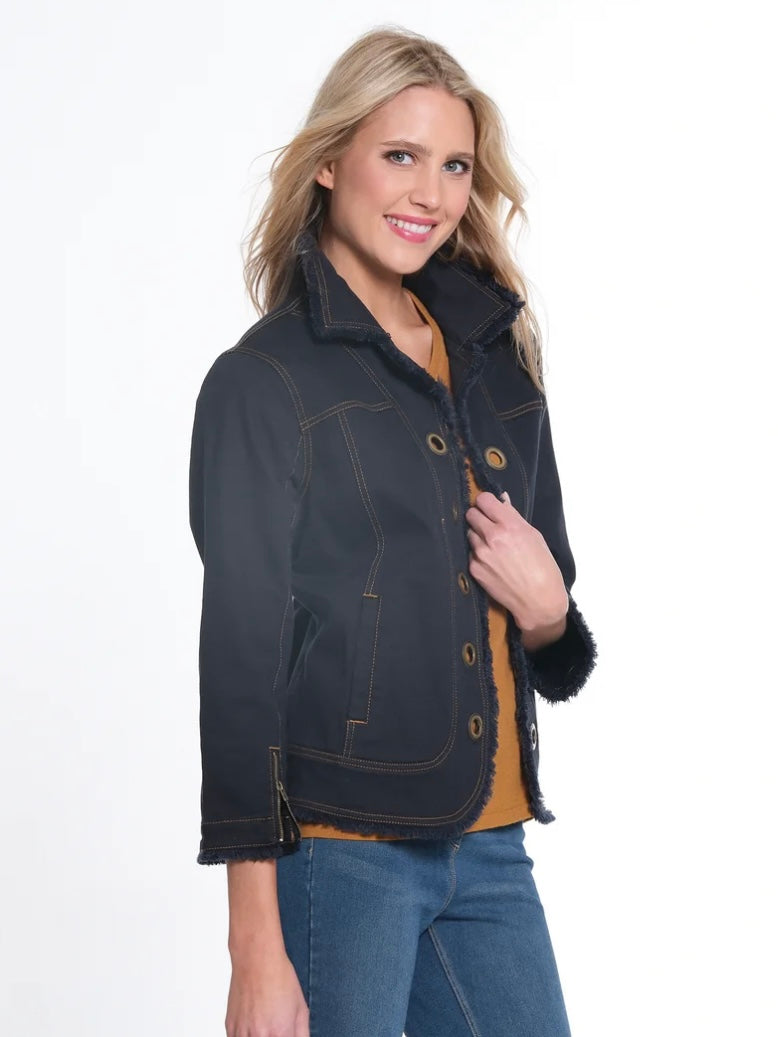 Open Front Fringed Jean Jacket Black