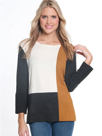 3/4 Sleeve Jewel Neck Color Block Sweater Top