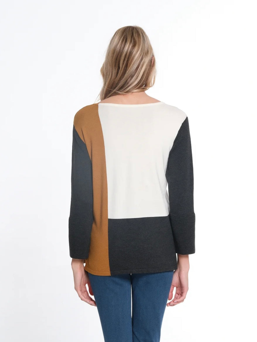 3/4 Sleeve Jewel Neck Color Block Sweater Top