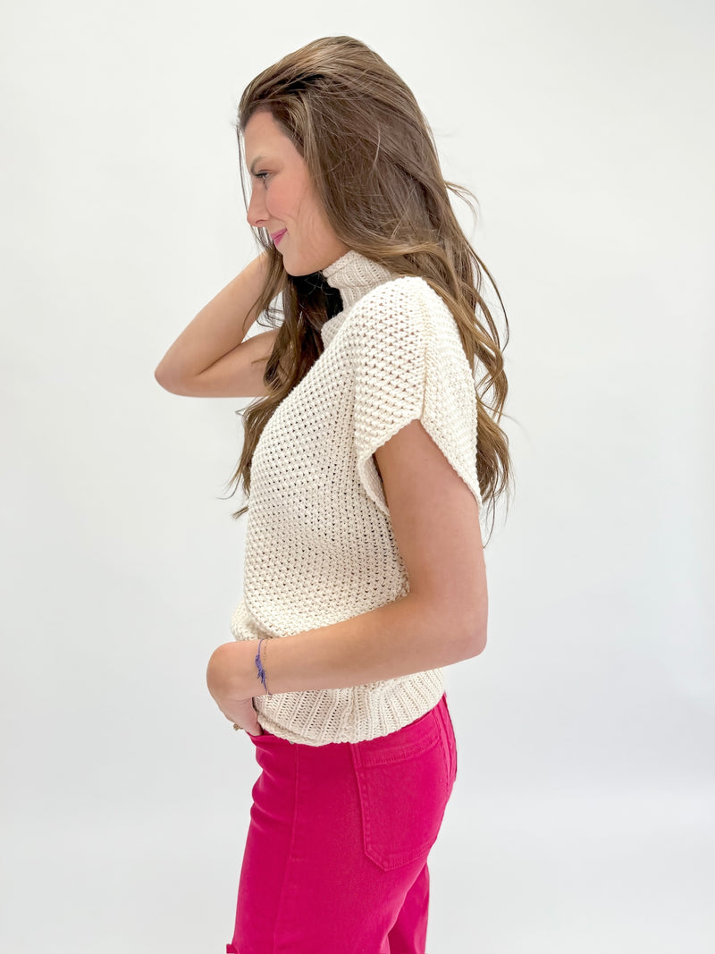 Knit Short Sleeve Turtleneck Sweater - Cream