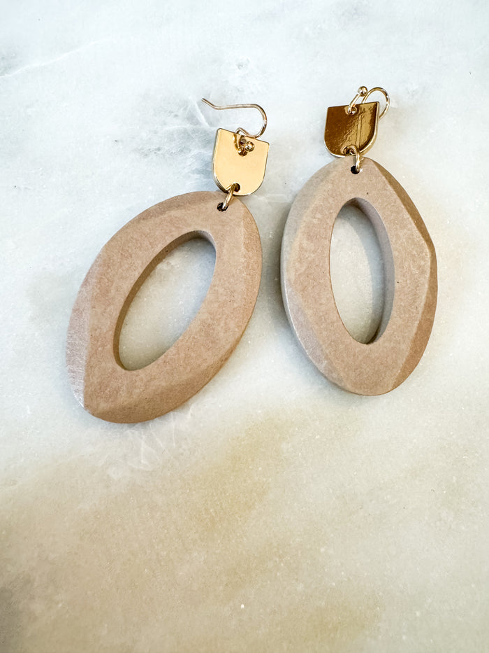 Tan and Gold Oval Drop Earrings