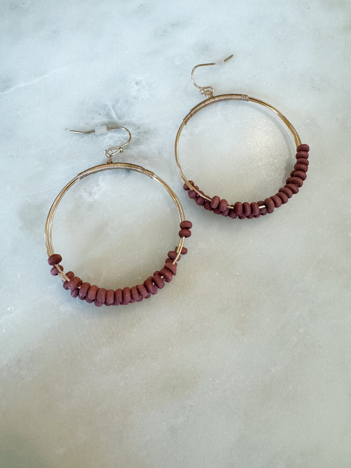 Wooden Bead Hoop Earrings Maroon