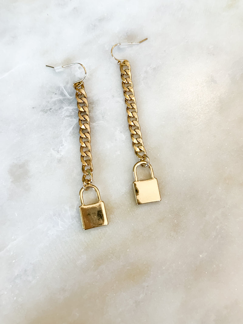 Gold Lock Chain Drop Earrings