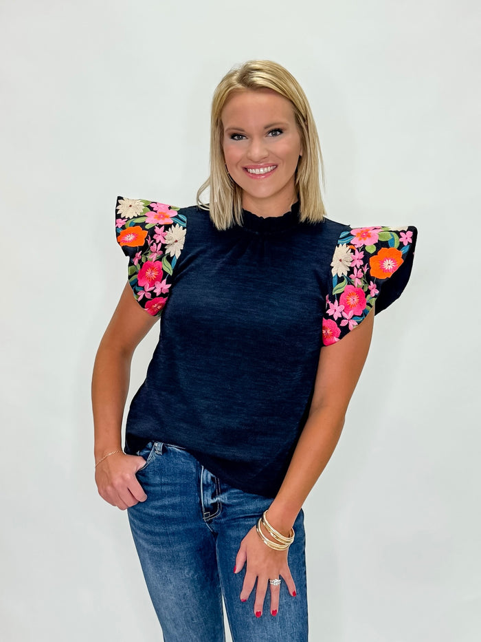 Floral Burst Ruffle Tank Navy