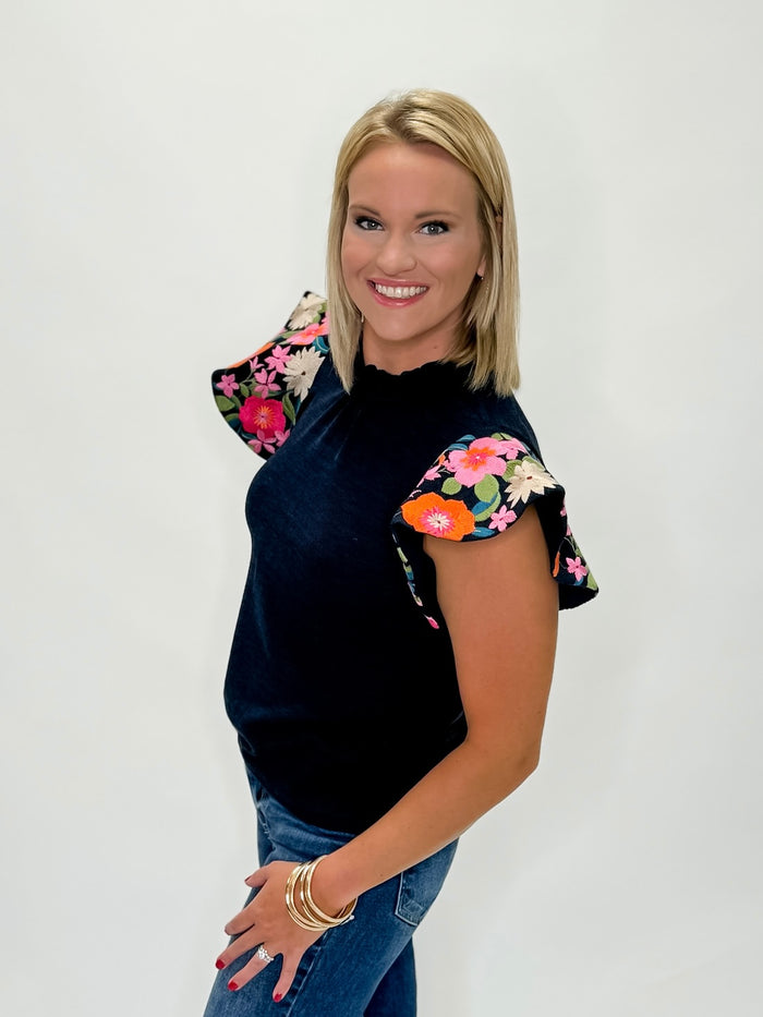 Floral Burst Ruffle Tank Navy