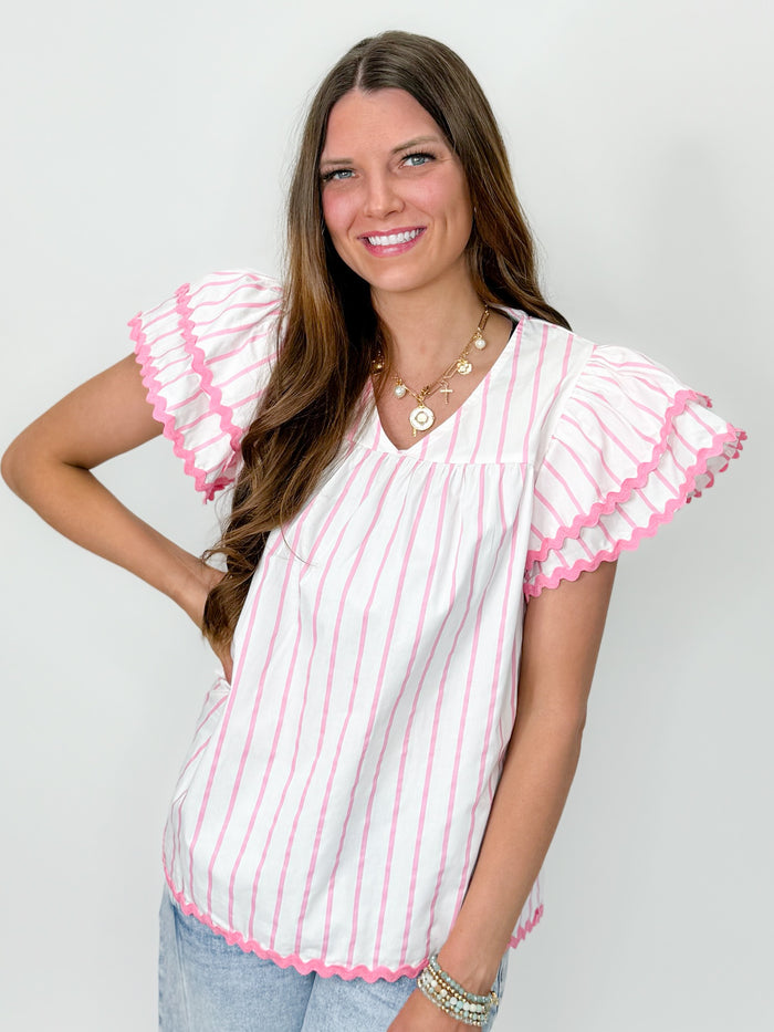 Sugar Stripe Ruffle Sleeve Top