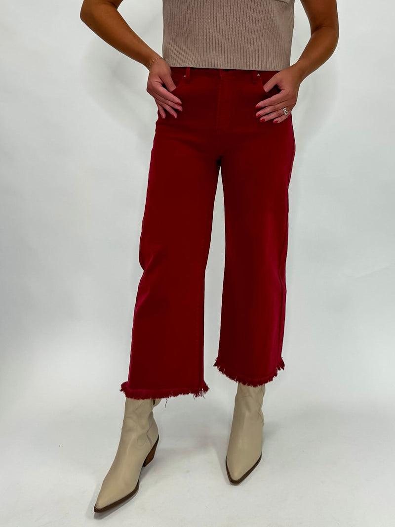 Risen Tummy Control High Rise Crop Wide Leg Jeans - Wine