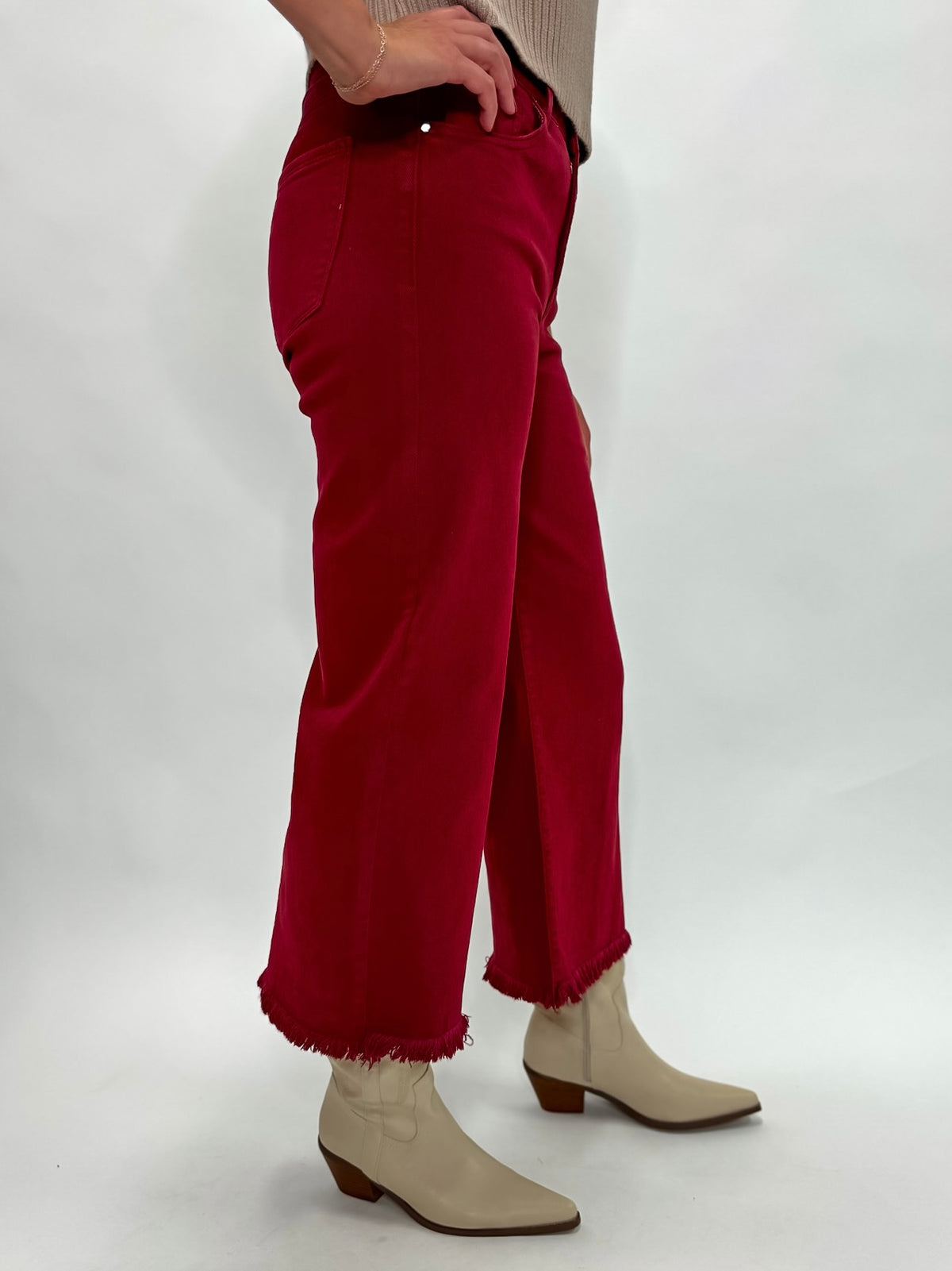 Risen Tummy Control High Rise Crop Wide Leg Jeans - Wine