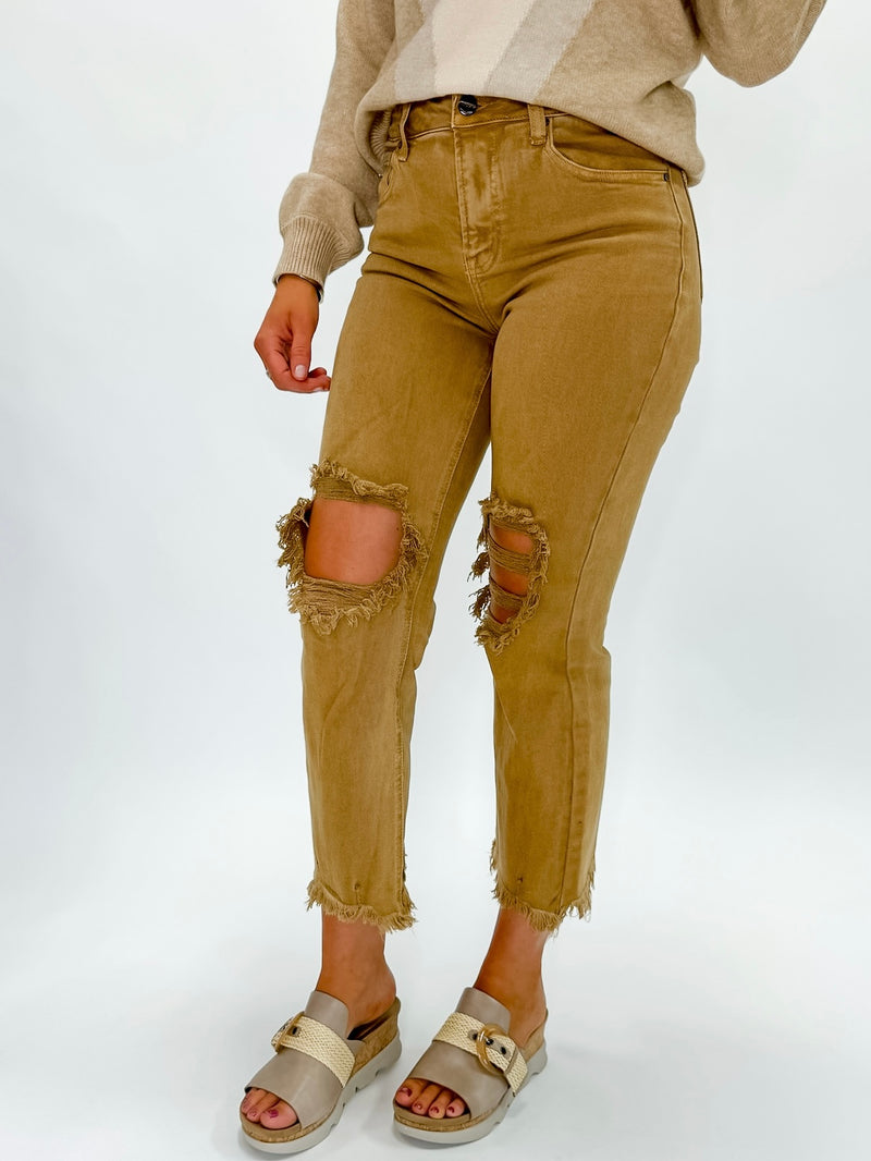 Risen Mocha Distressed Straight Leg Crop Jeans