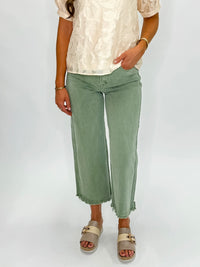 Risen Tummy Control High- Rise Crop Wide Leg Jeans- Olive