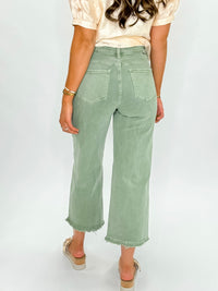 Risen Tummy Control High- Rise Crop Wide Leg Jeans- Olive