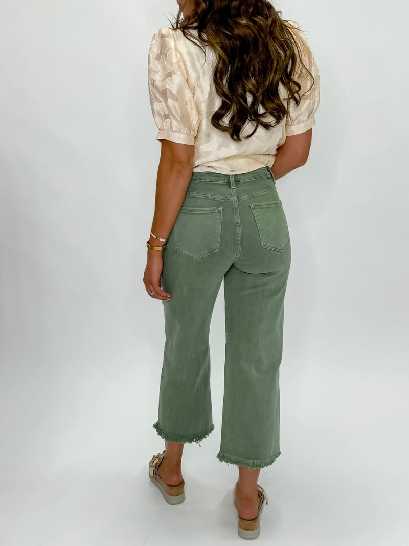 Risen Tummy Control High- Rise Crop Wide Leg Jeans- Olive