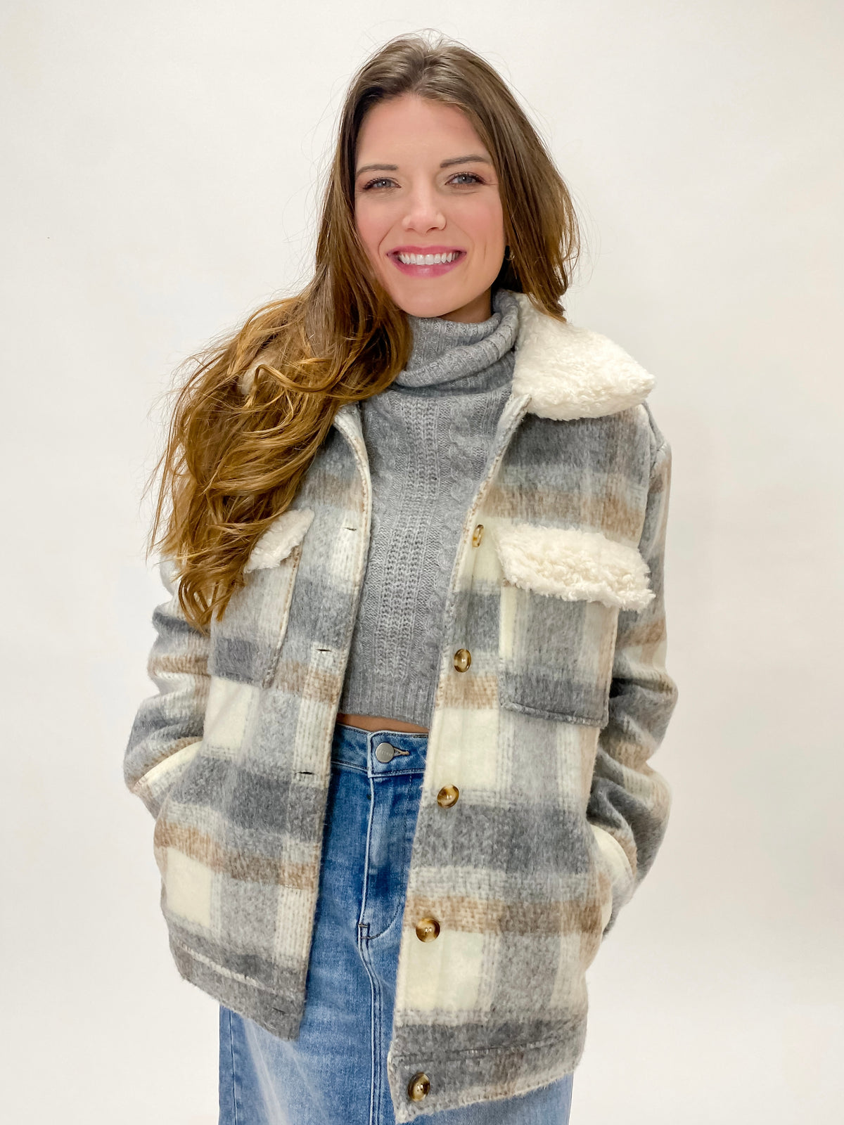 Winter Plaid With Sherpa Collar Coat