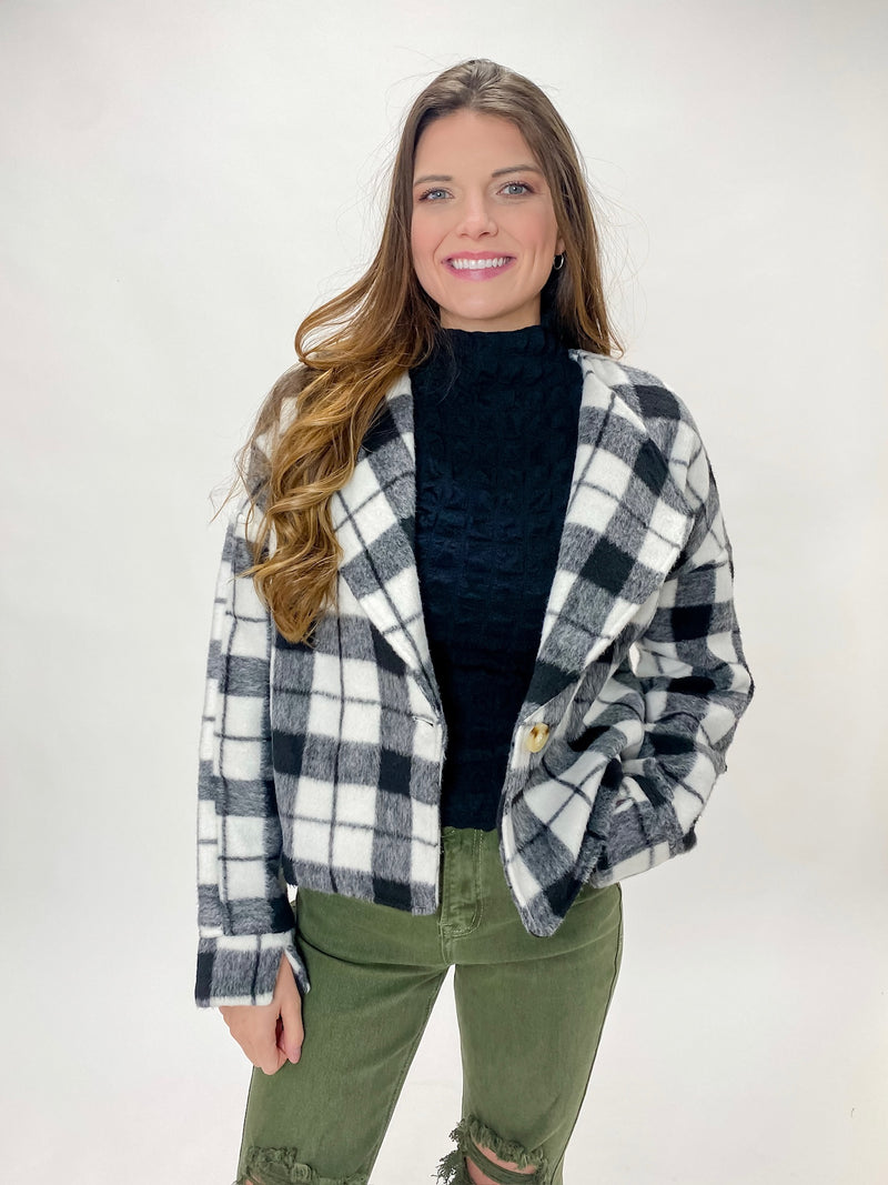 Black and White Plaid Single Button Jacket