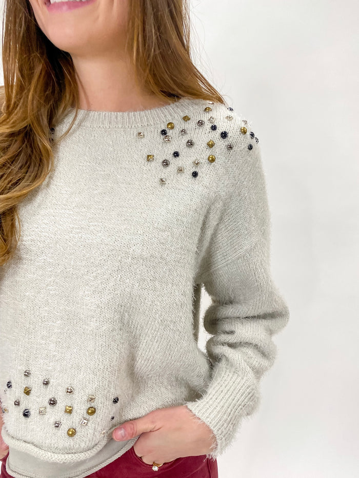 Gray Textured Knit Sweater With Jewels