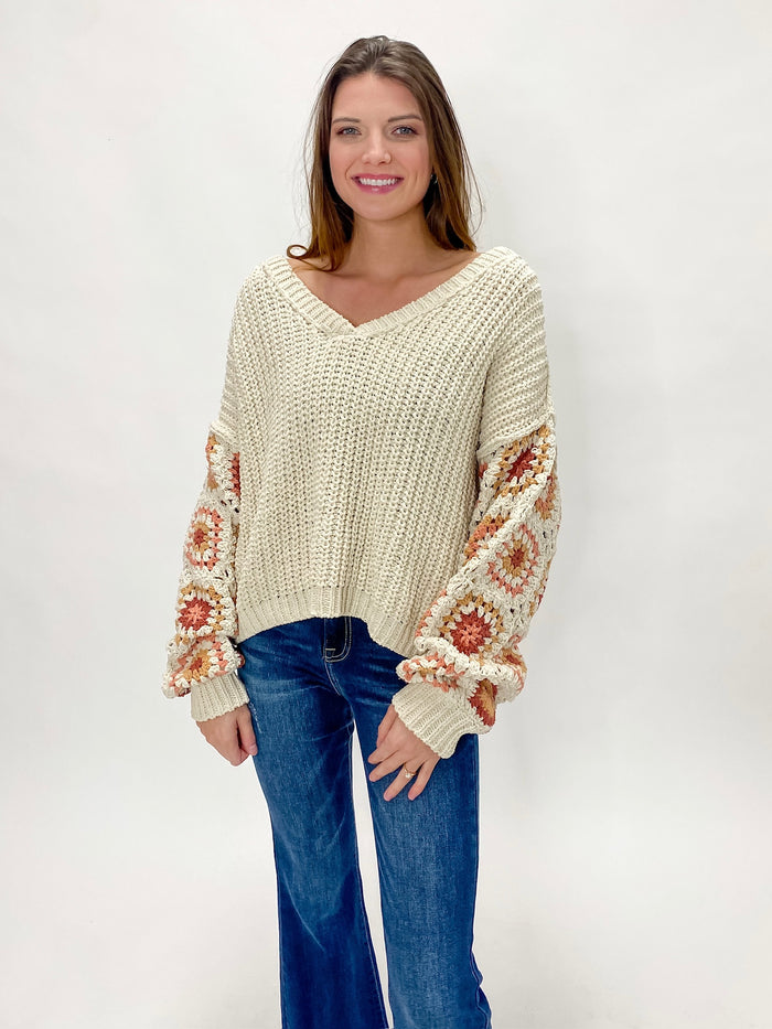 Oatmeal Knit Granny Sleeve V-Neck Sweater