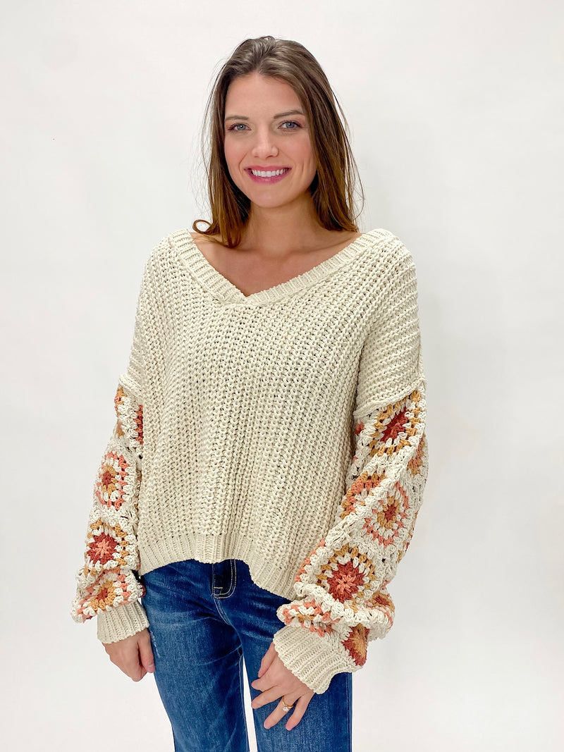 Oatmeal Knit Granny Sleeve V-Neck Sweater