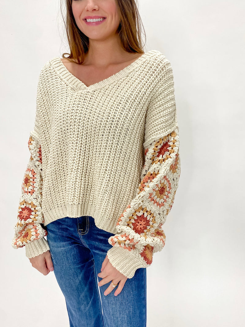 Oatmeal Knit Granny Sleeve V-Neck Sweater