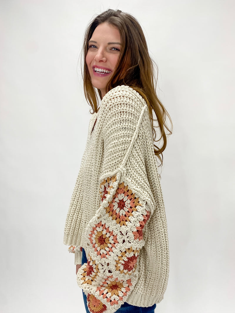 Oatmeal Knit Granny Sleeve V-Neck Sweater