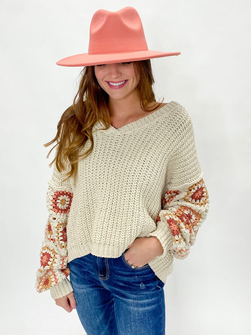 Oatmeal Knit Granny Sleeve V-Neck Sweater