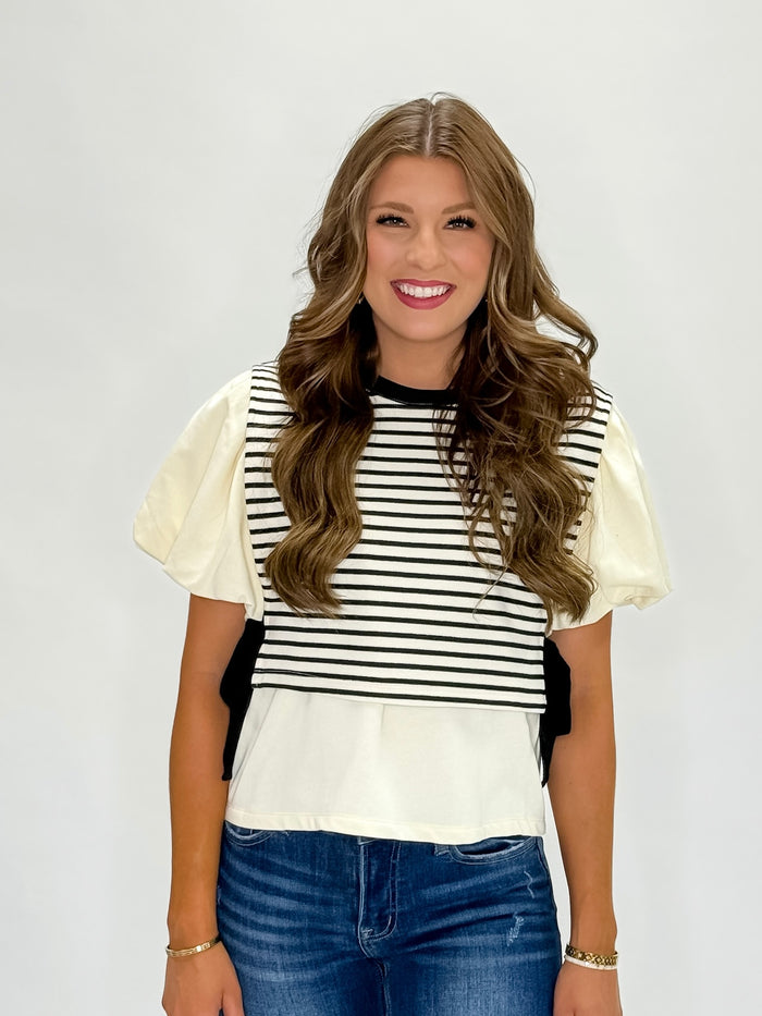 Black & Cream Puff Sleeve Top