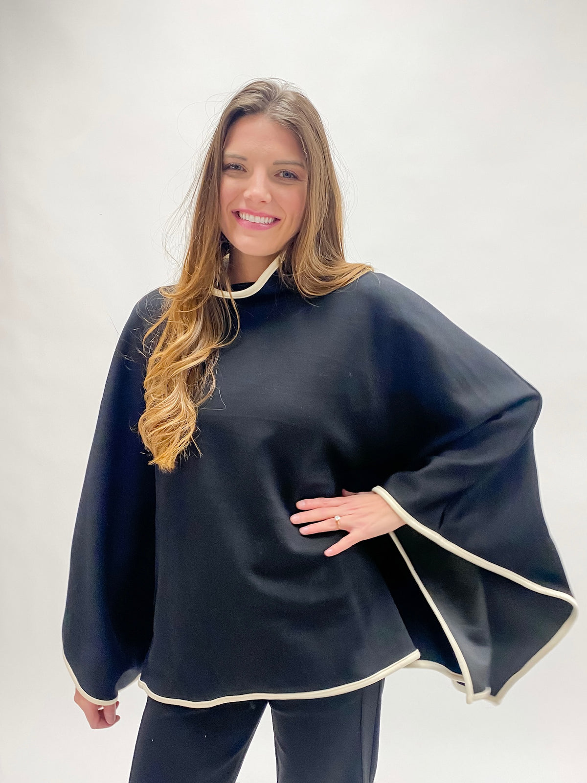 Mock Neck Poncho Black With Eggshell Trim Top