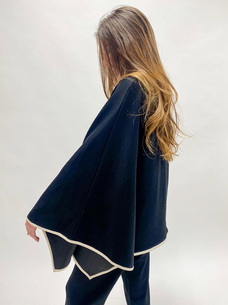 Mock Neck Poncho Black With Eggshell Trim Top