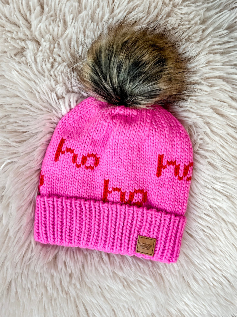 Ho Ho Ho Bright Fuchsia and Red Pom Knit Hat