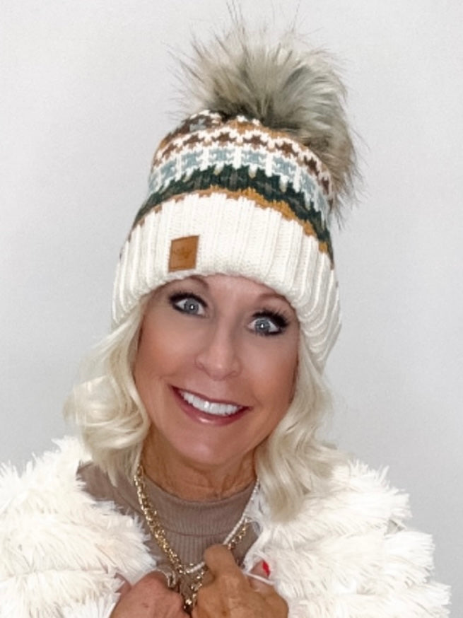 Pattern Knit Holiday Faux Fur Beanie