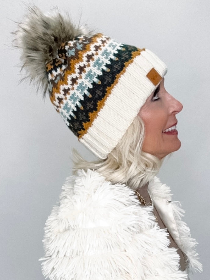 Pattern Knit Holiday Faux Fur Beanie