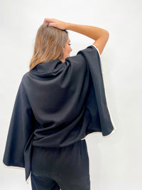 Mock Neck Poncho Black With Eggshell Trim Top