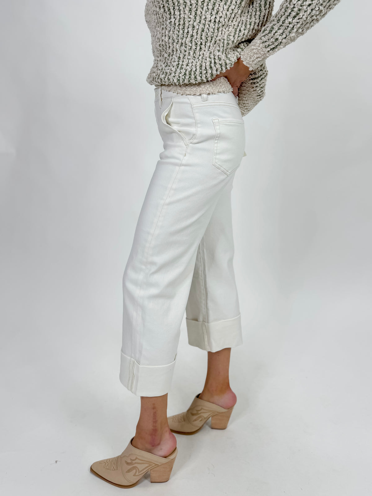 Risen High-Rise Ankle Cuffed Jeans - Cream