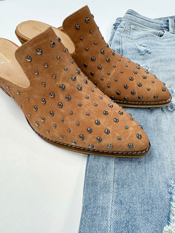 Western Studded Mules- Camel Brown