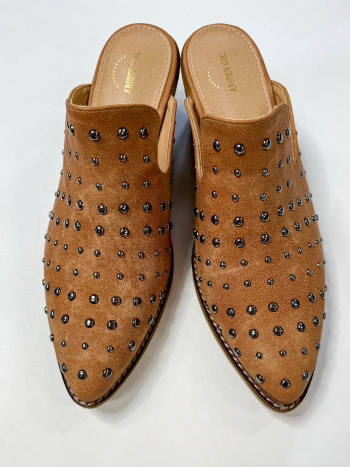 Western Studded Mules- Camel Brown