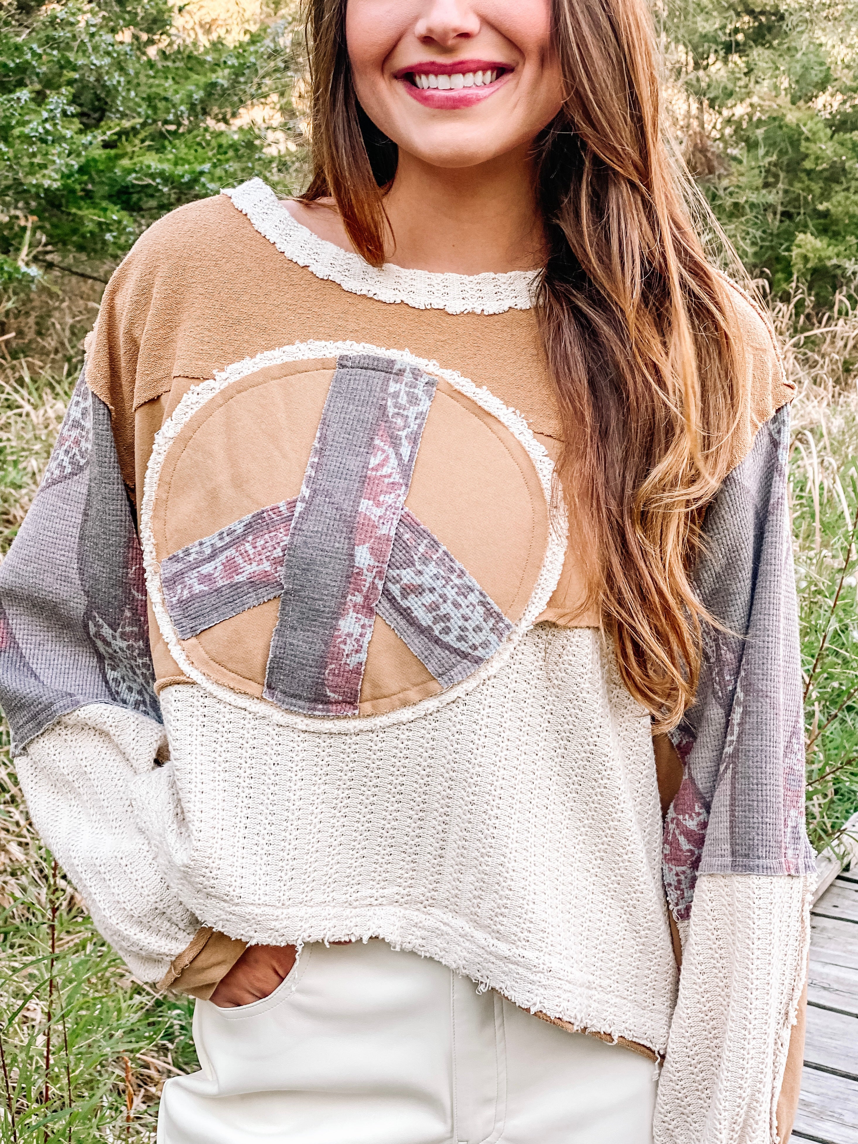 Peace Sign Sweater Top Memphis Camel