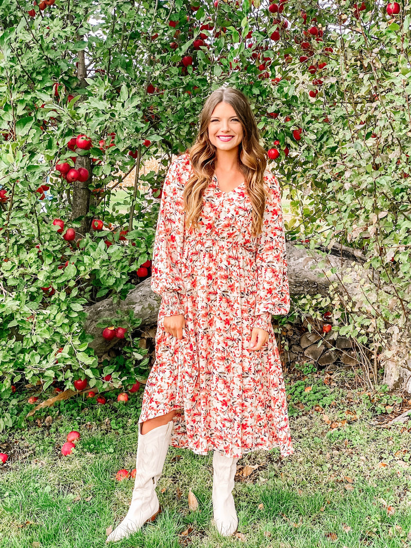 Fall Floral Long Sleeve Midi Dress